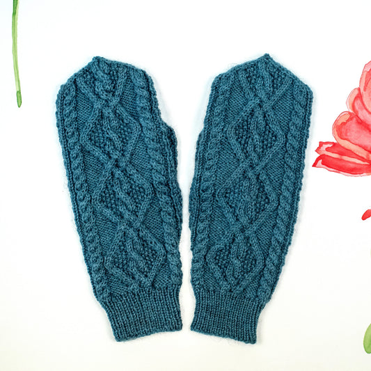 August Mittens, a heavily cabled Aran inspired hand knit mitten designed by Kate Gagnon Osborn in blue wool/mohair yarn.