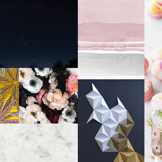The night sky, a bouquet of peonies and poppies, a piece of marble, and a watercolor painting arranged into a collage of Navy, cream, peach, yellow, and gold images;