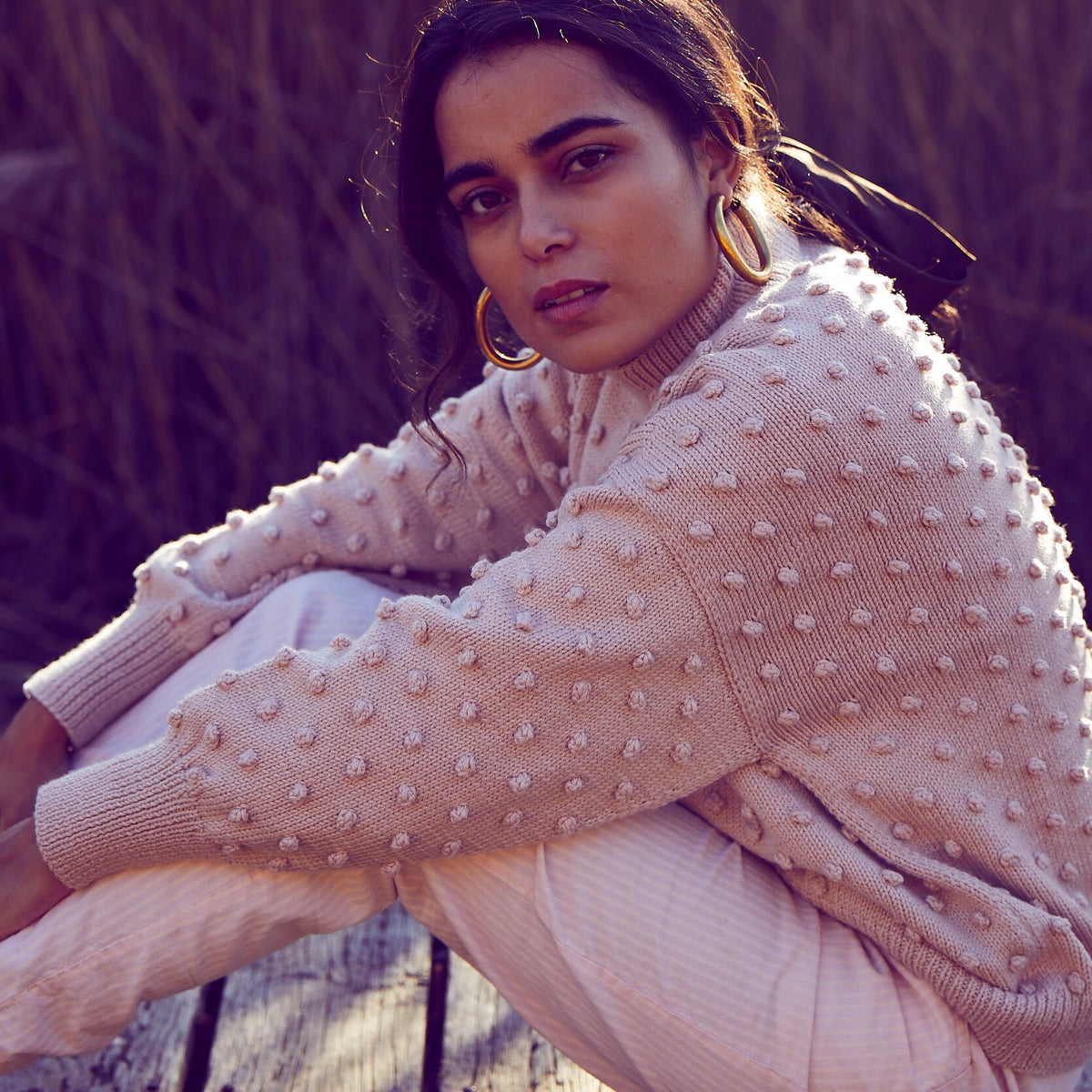 Womens Off The Shoulder Oversized Popcorn Pullover Popcorn Knit Off-The-Shoulder Top-BESTSELLER main image 2