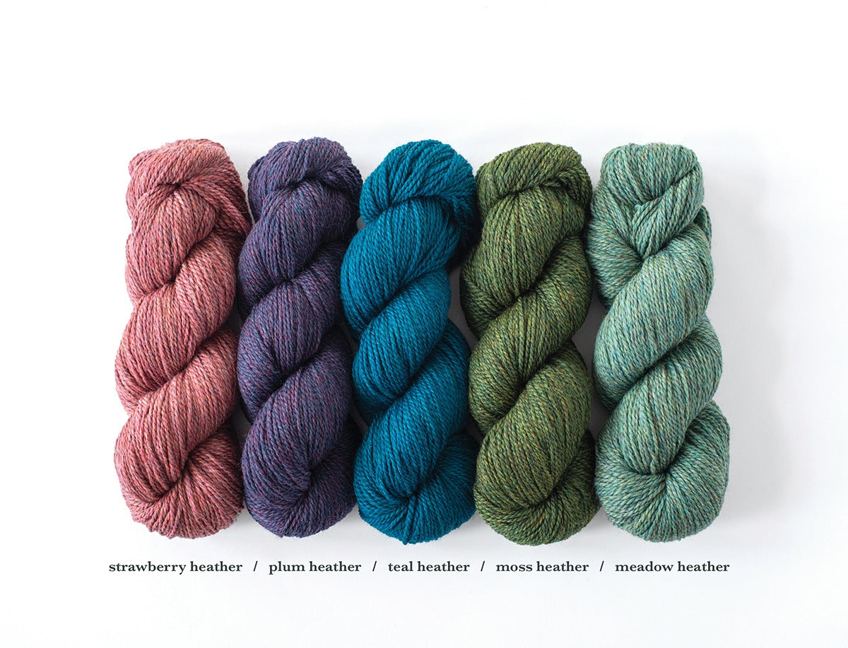 Five colors of Kelbourne Woolens Scout: strawberry heather, plum heather, teal heather, moss heather, and meadow heather, in a flat lay on a white background